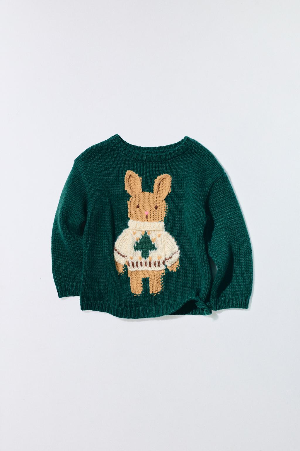 1-6 ЛЕТ/ ВЯЗАНЫЙ СВИТЕР С ВЫШИВКОЙ КРОЛИКА ИЗ ШЕРСТИ