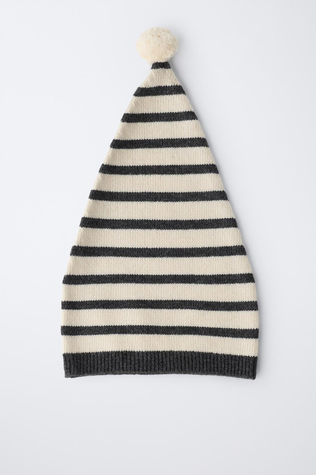 ВЯЗАНАЯ ШАПКА В ПОЛОСКУ С ПОМПОНОМ ИЗ ШЕРСТИ