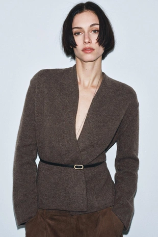 Кардиган из 100% шерсти с ремнем- Заказать в России