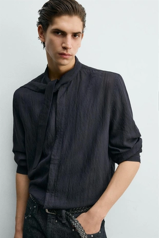 Рубашка из струящейся ткани с бантом- Заказать в России