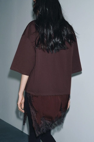 Комбинированная футболка с кружевом- Заказать в России