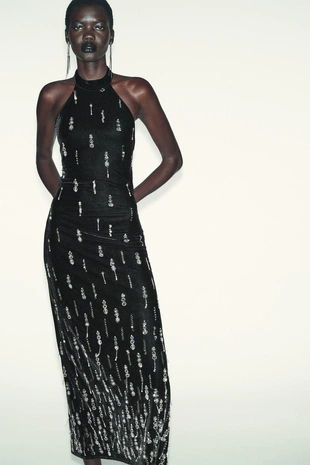 Купить Zara Бархатное платье миди с бусинами