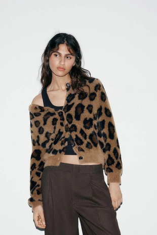 Купить Zara Жаккардовый кардиган с анималистическим принтом