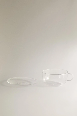 Чашка и блюдце из боросиликатного стекла с серебряным краем- Заказать в России