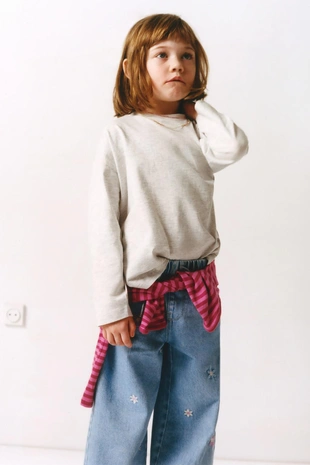 Джинсы WIDE LEG с вышивкой в виде цветов- Заказать в России