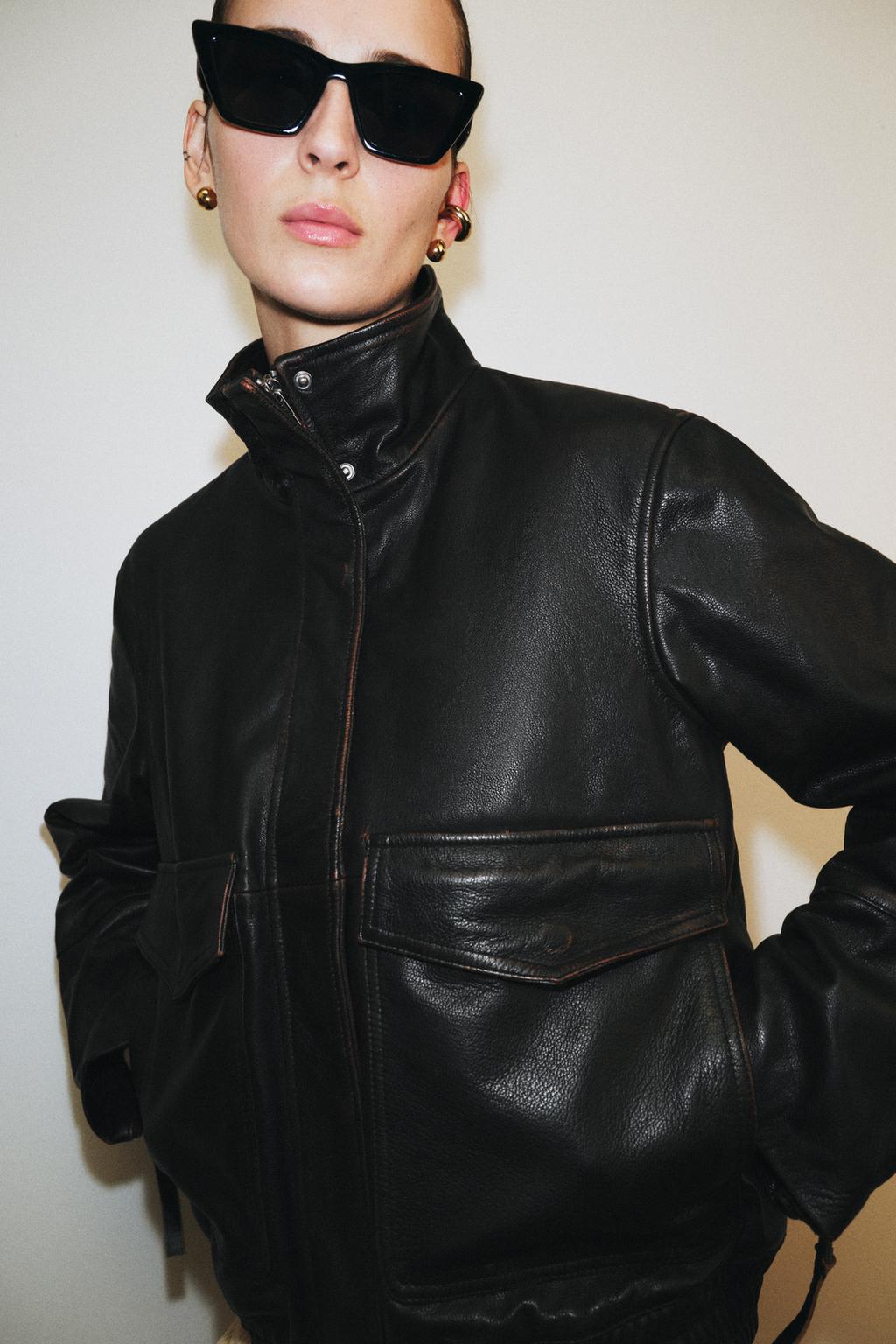 Zara Бомбер из 100% кожи — коллекция zara «zw» - Цвет черный