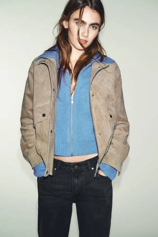 Куртка из 100% замшевой кожи с воротником-стойкой- Заказать в России