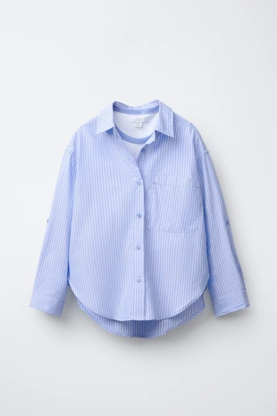 Рубашка в полоску с воротником и рукавами-вставками- Заказать в России