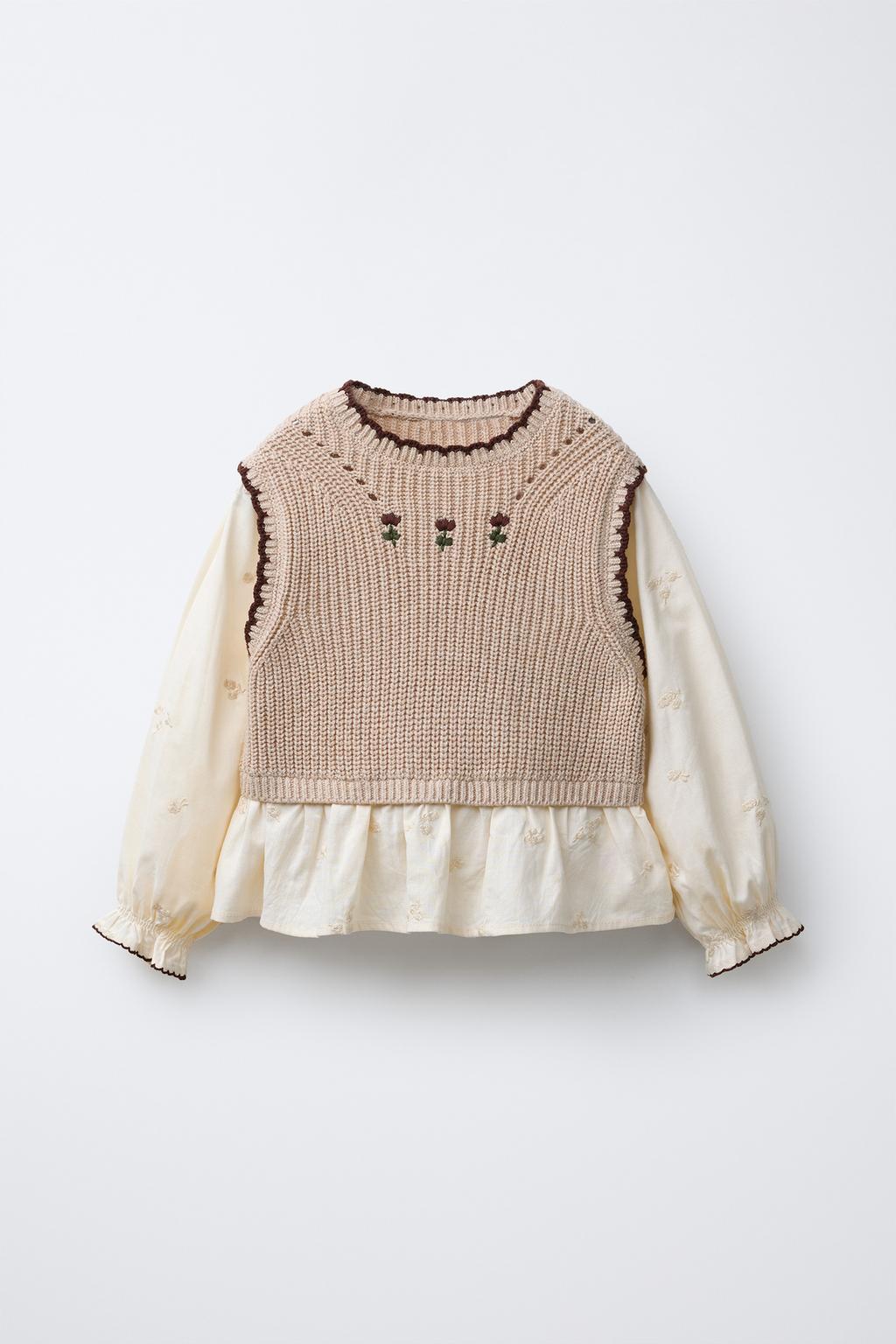 РУБАШКА С ЦВЕТОЧНОЙ ВЫШИВКОЙ И ТРИКОТАЖНЫМ ЖИЛЕТОМ