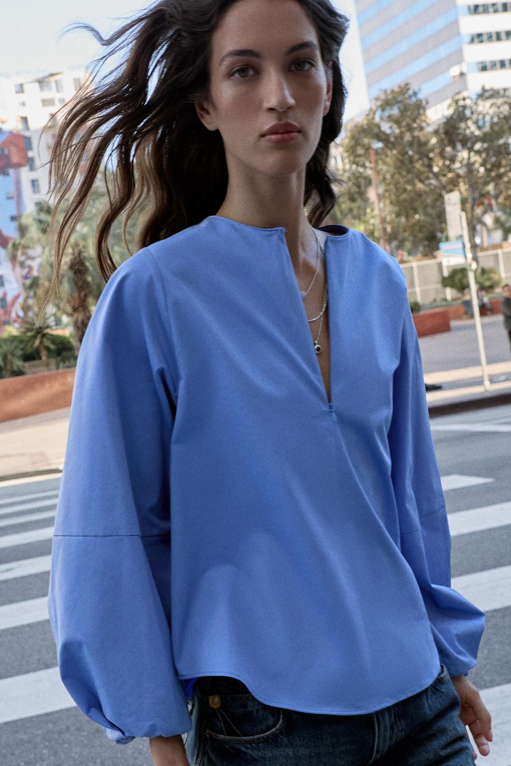 РУБАШКА ИЗ ПОПЛИНА С ОБЪЕМНЫМИ РУКАВАМИ