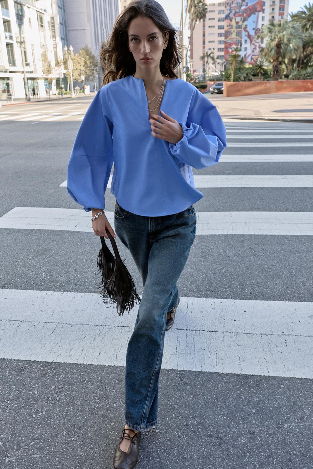 РУБАШКА ИЗ ПОПЛИНА С ОБЪЕМНЫМИ РУКАВАМИ