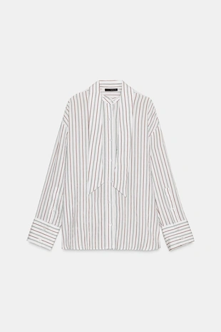 Рубашка свободного кроя в полоску с шарфом- Заказать в России