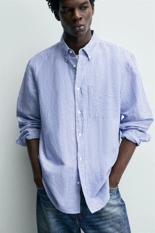 Рубашка из льна и хлопка с обычной посадкой- Заказать в России