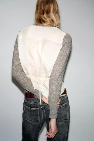 Кардиган из комбинированной ткани с поясом- Заказать в России