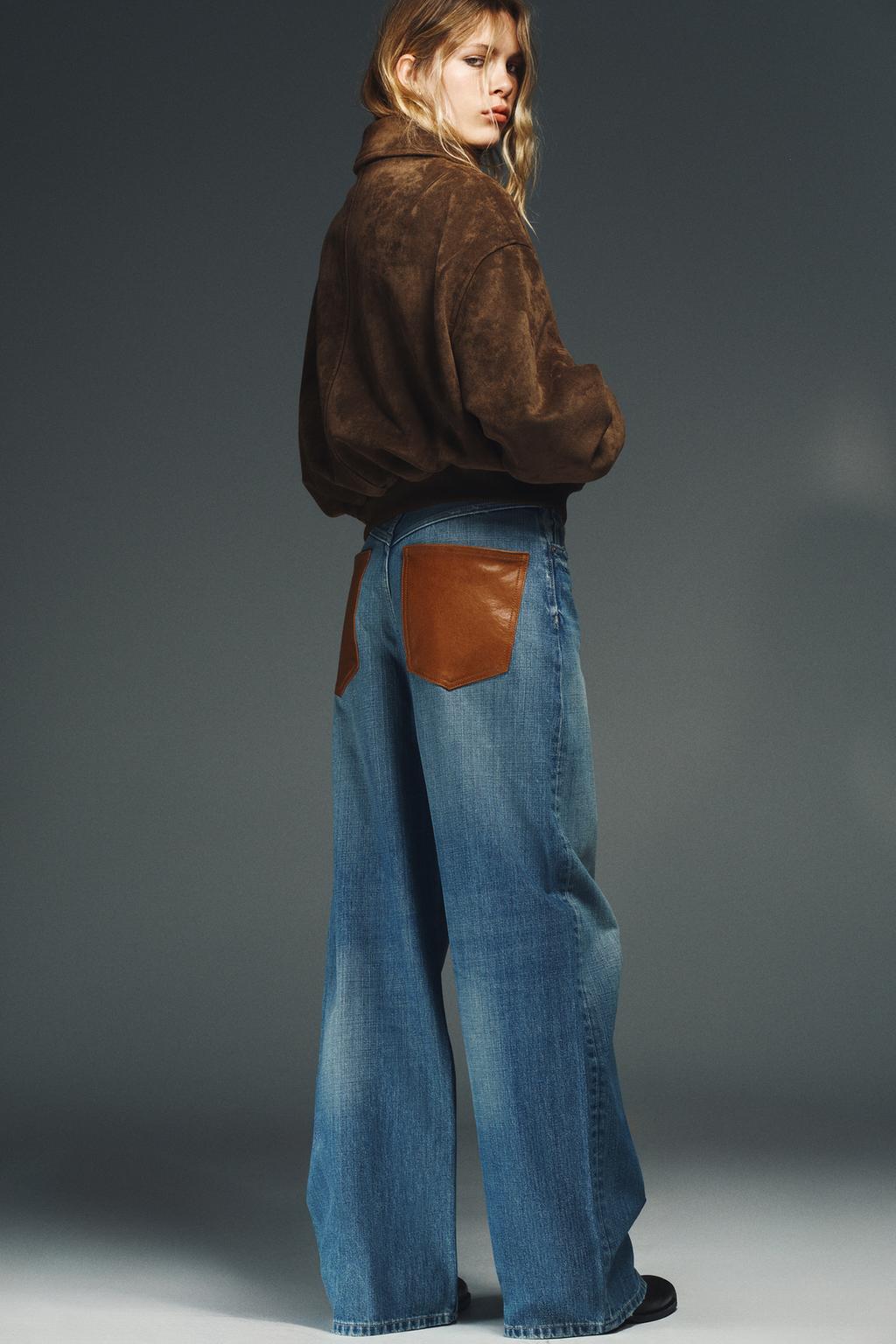 ДЖИНСЫ TRF WIDE LEG С ВЫСОКОЙ ПОСАДКОЙ И КОЖАНЫМИ КАРМАНАМИ