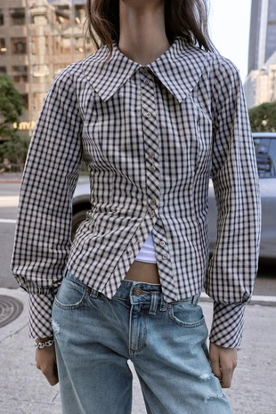 Рубашка в клетку с круглым воротником- Заказать в России