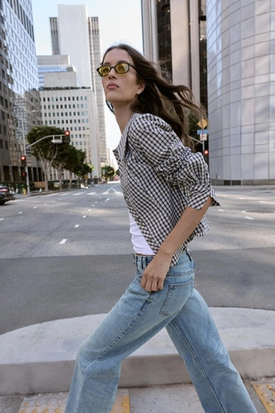 Рубашка в клетку с круглым воротником- Заказать в России