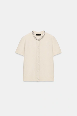 Кардиган из шерсти с воротником и стразами- Заказать в России