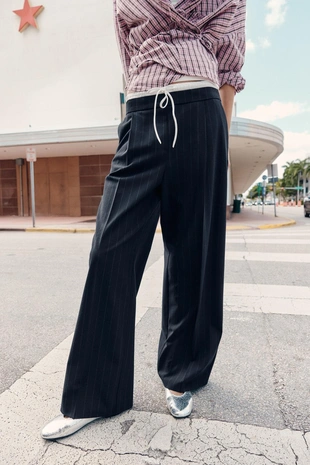 Брюки с широкими штанинами и двойным поясом- Заказать в России