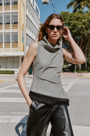 Топ с узором «гусиная лапка», асимметричный низ и кружево- Заказать в России