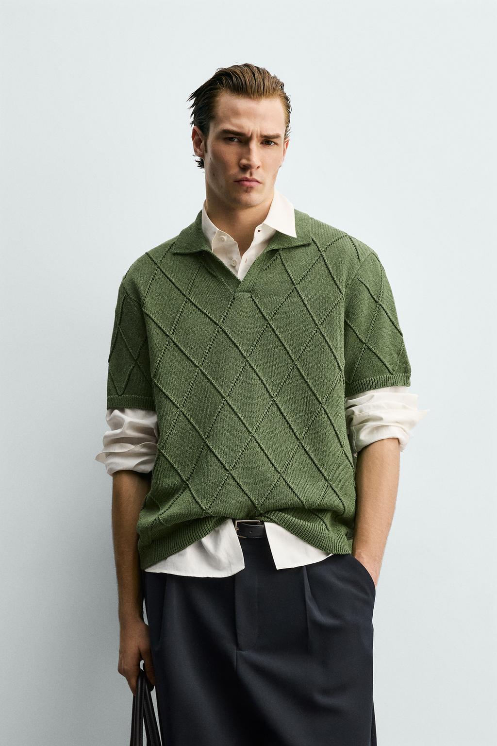 Поло с текстурным узором и прозрачной вязкой