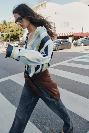 Атласная рубашка в полоску- Заказать в России