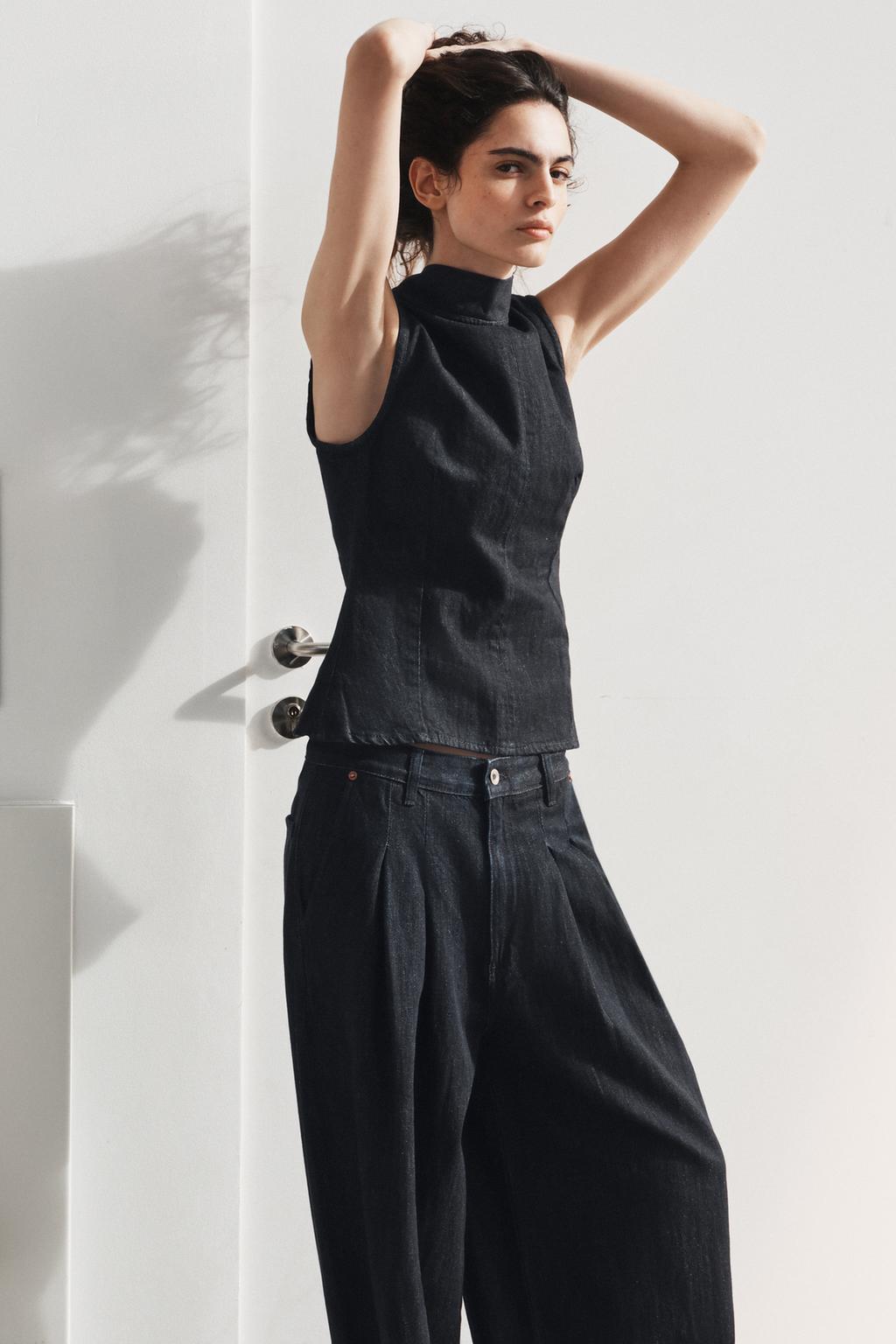 ДЖИНСОВЫЙ ТОП TRF С ГОРЛОВИНОЙ ХАЛТЕР И ЗАВЯЗКАМИ