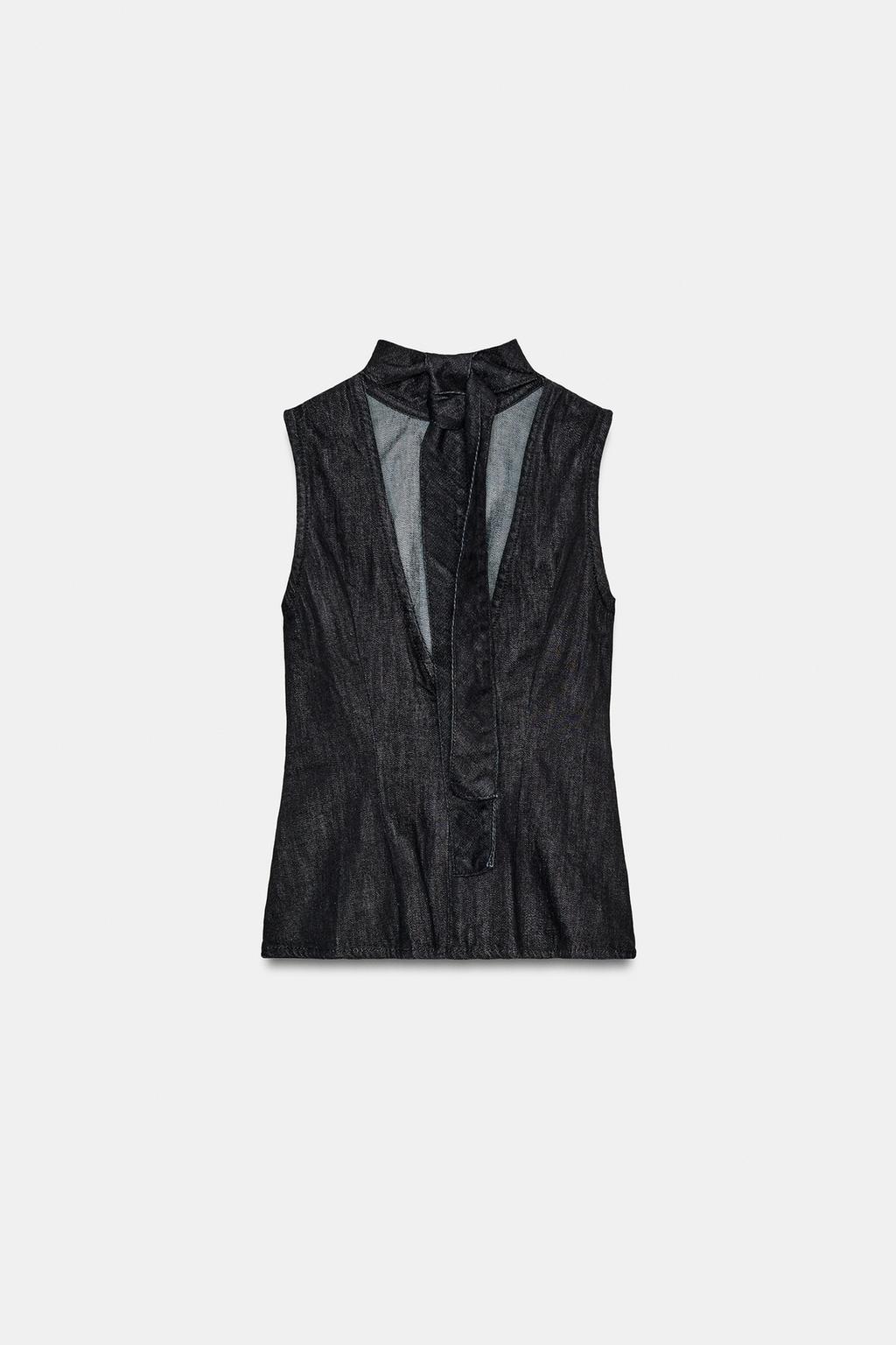 ДЖИНСОВЫЙ ТОП TRF С ГОРЛОВИНОЙ ХАЛТЕР И ЗАВЯЗКАМИ