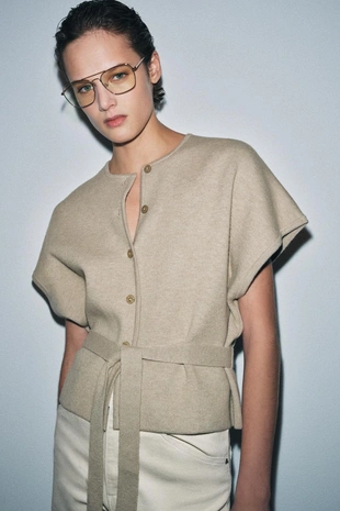 Кардиган с короткими рукавами и поясом- Заказать в России