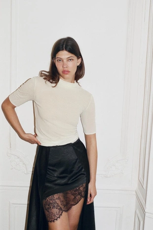 Юбка миди с эффектом жатки и кружевом- Заказать в России