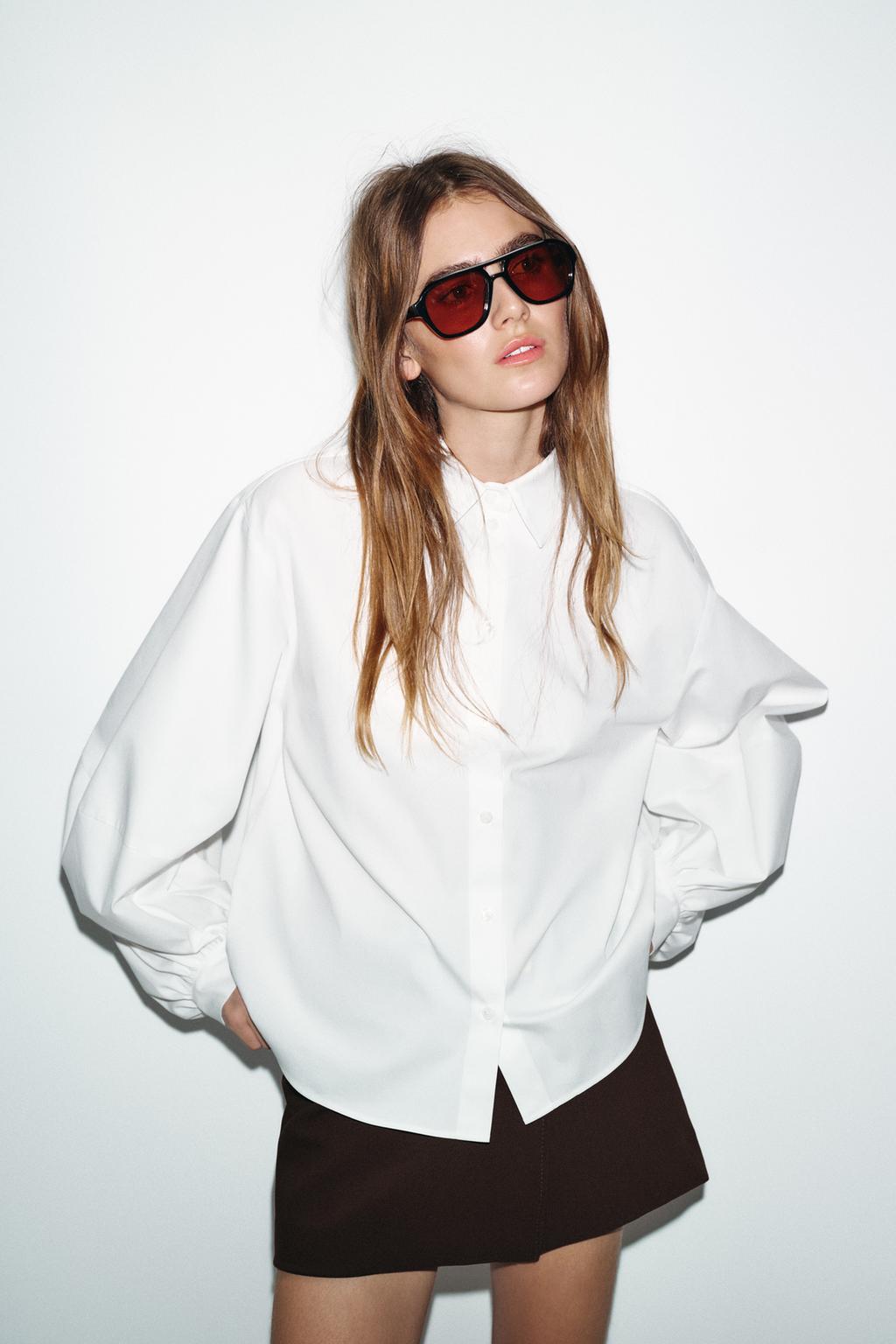 РУБАШКА ИЗ ПОПЛИНА С ОБЪЕМНЫМИ РУКАВАМИ