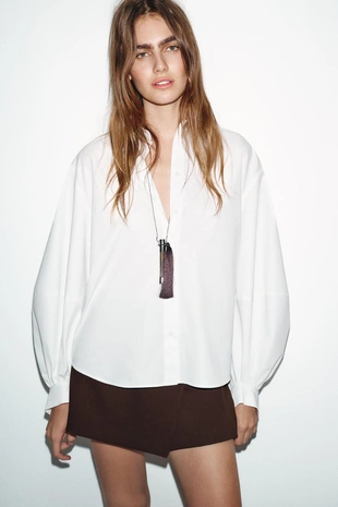 Рубашка из поплина с объемными рукавами- Заказать в России