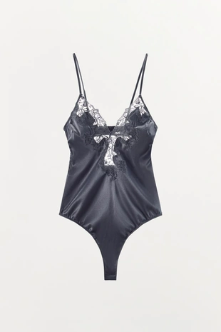 Атласное боди с кружевом- Заказать в России