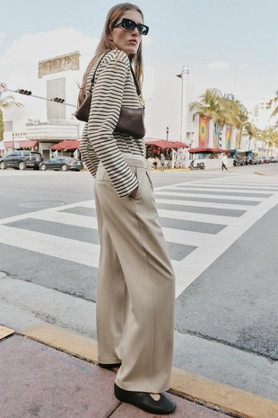 Брюки с широкими штанинами и двойным поясом- Заказать в России