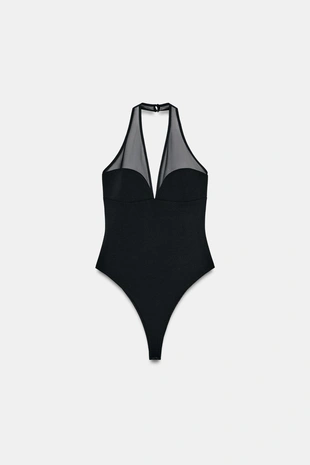 Комбинированное боди с горловиной халтер- Заказать в России