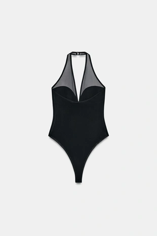 Комбинированное боди с горловиной халтер- Заказать в России