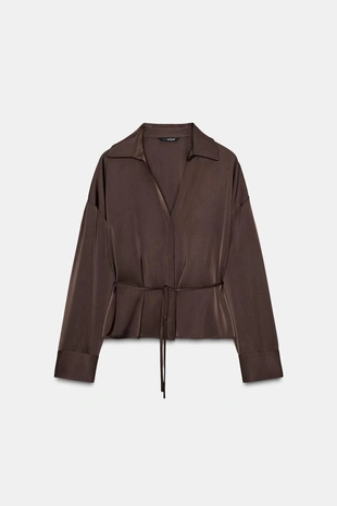 Атласная блузка с поясом- Заказать в России