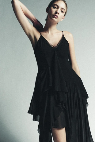 Платье с бретелями, воланами и кружевом- Заказать в России