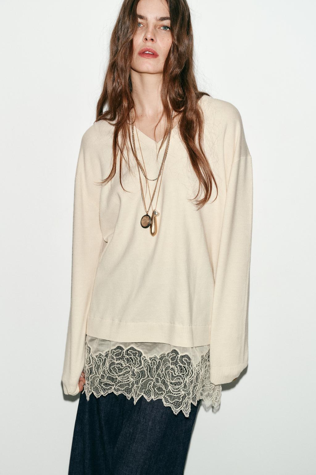 ДЛИННЫЙ СВИТЕР С КОМБИНИРОВАННЫМ КРУЖЕВОМ