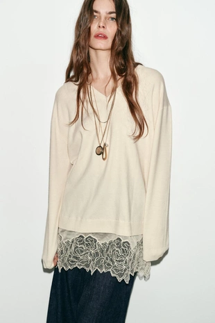 Длинный свитер с комбинированным кружевом- Заказать в России