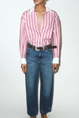 Купить Zara Рубашка оверсайз в полоску с контрастными манжетами