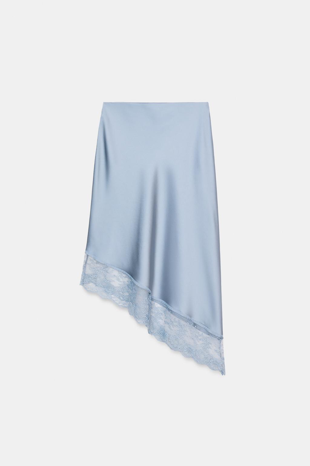 АТЛАСНАЯ ЮБКА МИДИ АСИММЕТРИЧНОГО КРОЯ С КРУЖЕВОМ