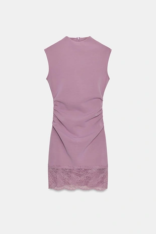 Короткое платье из эластичной ткани с кружевом- Заказать в России