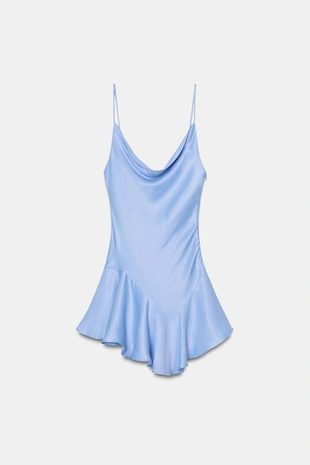 Короткое атласное платье с асимметричным низом- Заказать в России