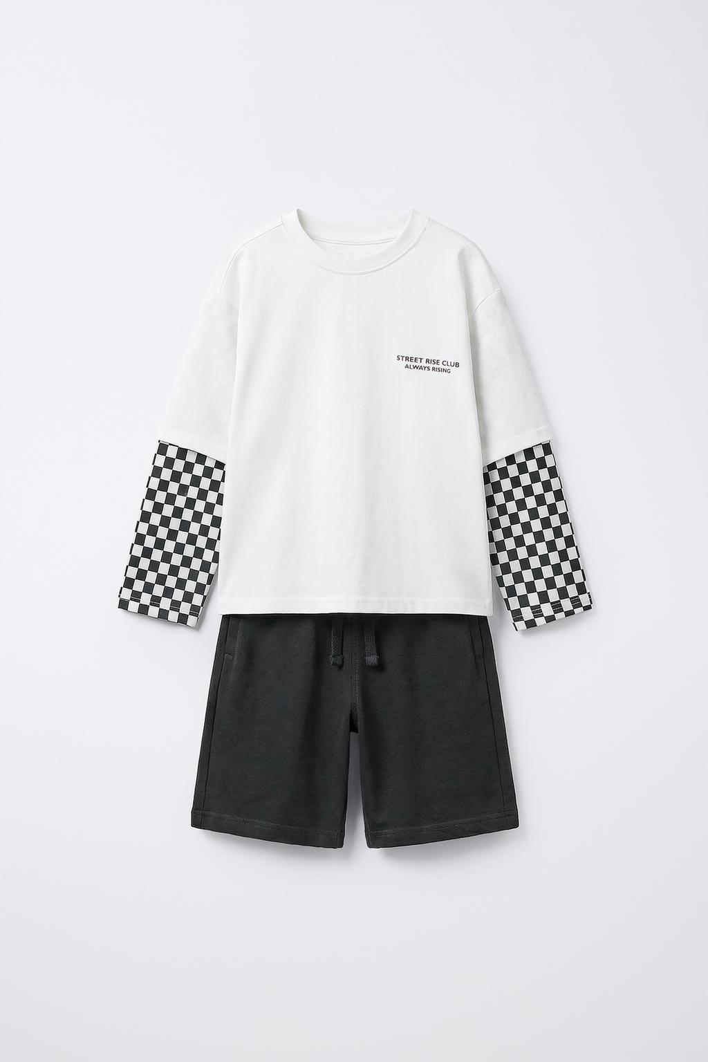 КОМПЛЕКТ ИЗ ФУТБОЛКИ С ДВОЙНЫМИ РУКАВАМИ И ШОРТОВ В ШАХМАТНУЮ КЛЕТКУ