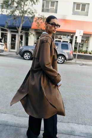 Длинный тренч из искусственной замши с поясом