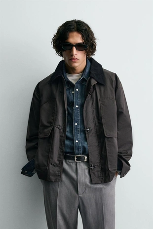 Куртка с вощеной отделкой и комбинированным воротником- Заказать в России