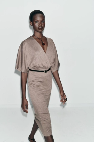 Платье миди из пике с поясом- Заказать в России