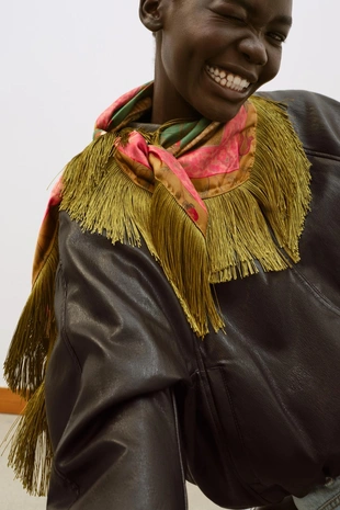 Olive green | 3920/177/515 - Zara Атласный платок с бахромой