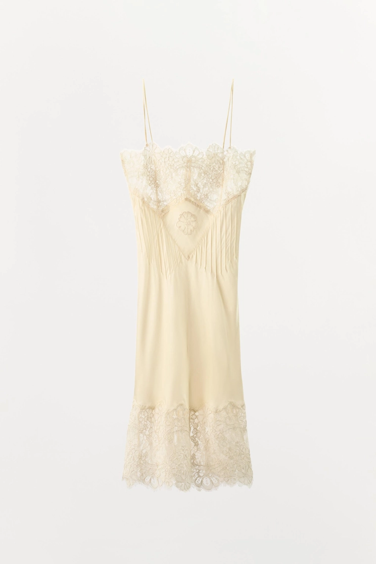 Миди-платье с кружевным лифом из атласа